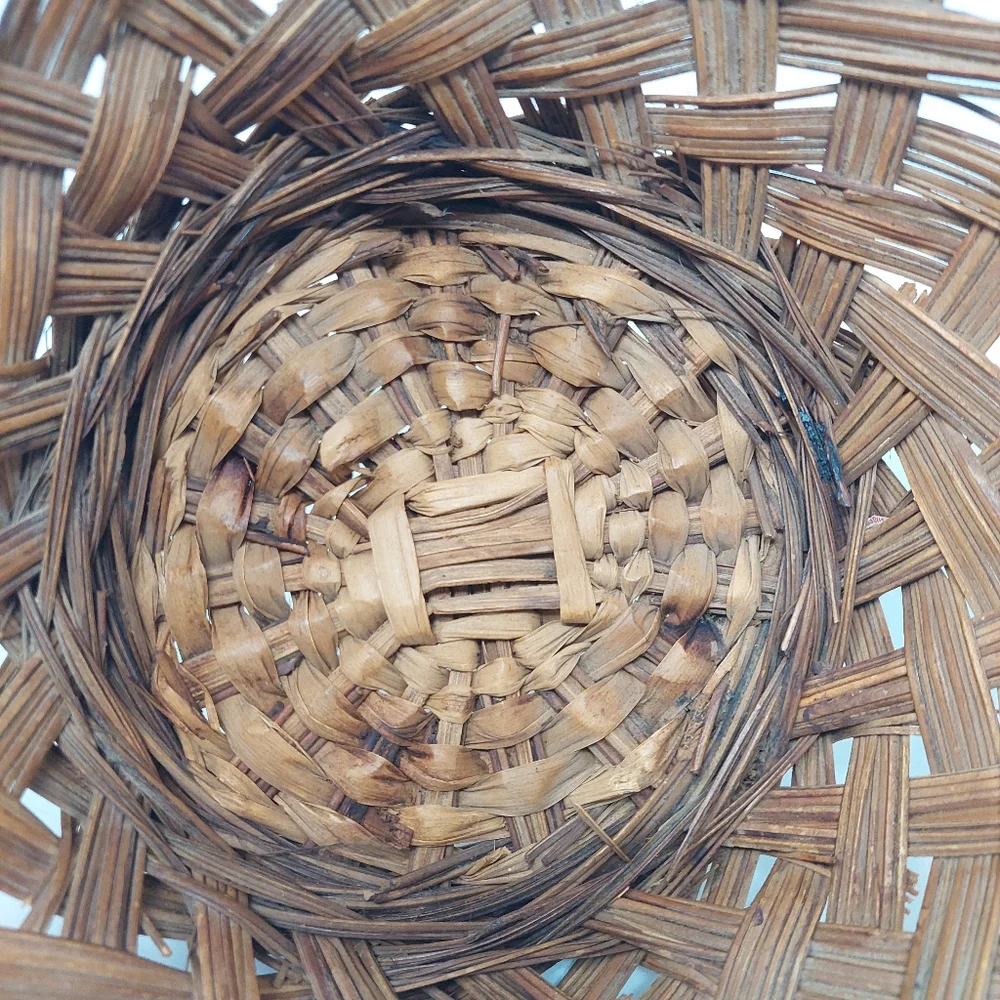 Vintage Boho Brown Round Open Weave Woven Wicker Basket Rustic Country 10 Inch